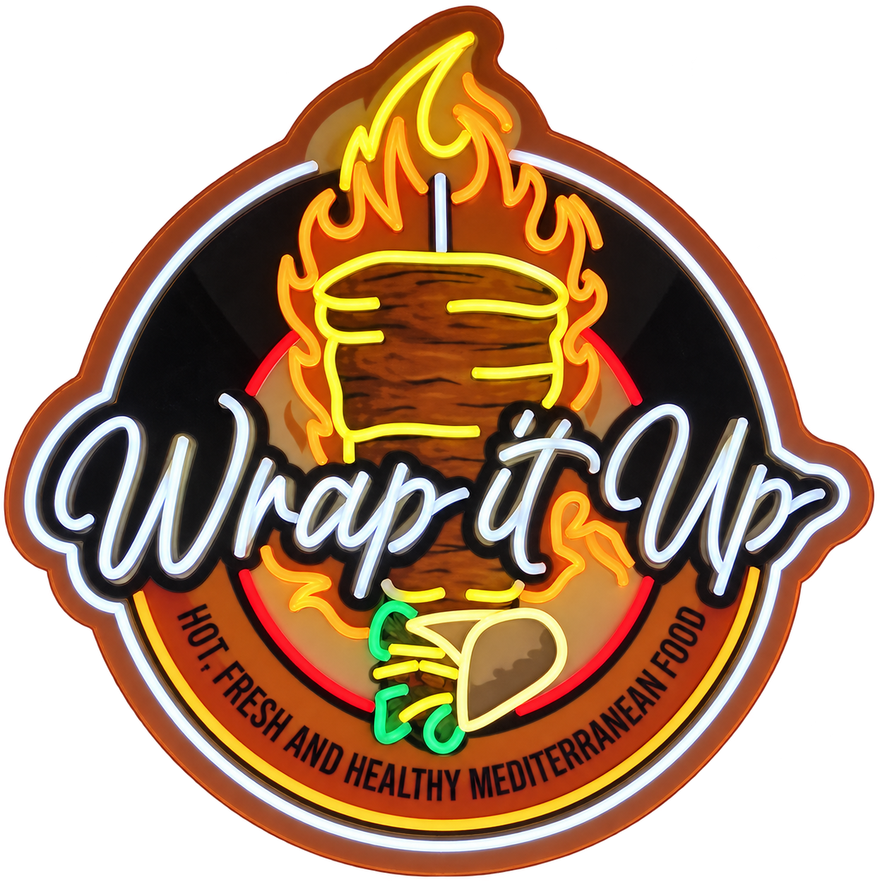 Wrap it Up LED logo — Hot, fresh and healthy Mediterranean food